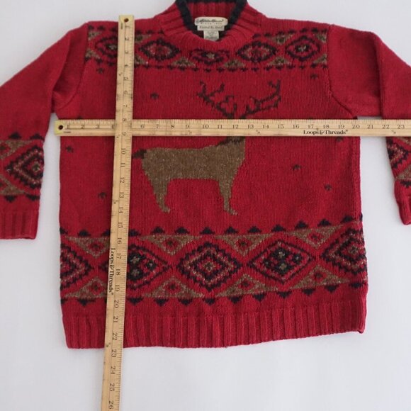 Vintage Eddie Bauer Hand Knit Red Wool Deer Sweater Fair Isle Alpinecore SP - Picture 4 of 10